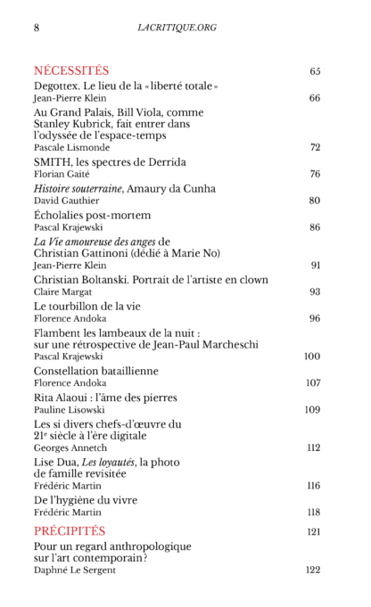 Anthologie de Lacritique.org, sommaire